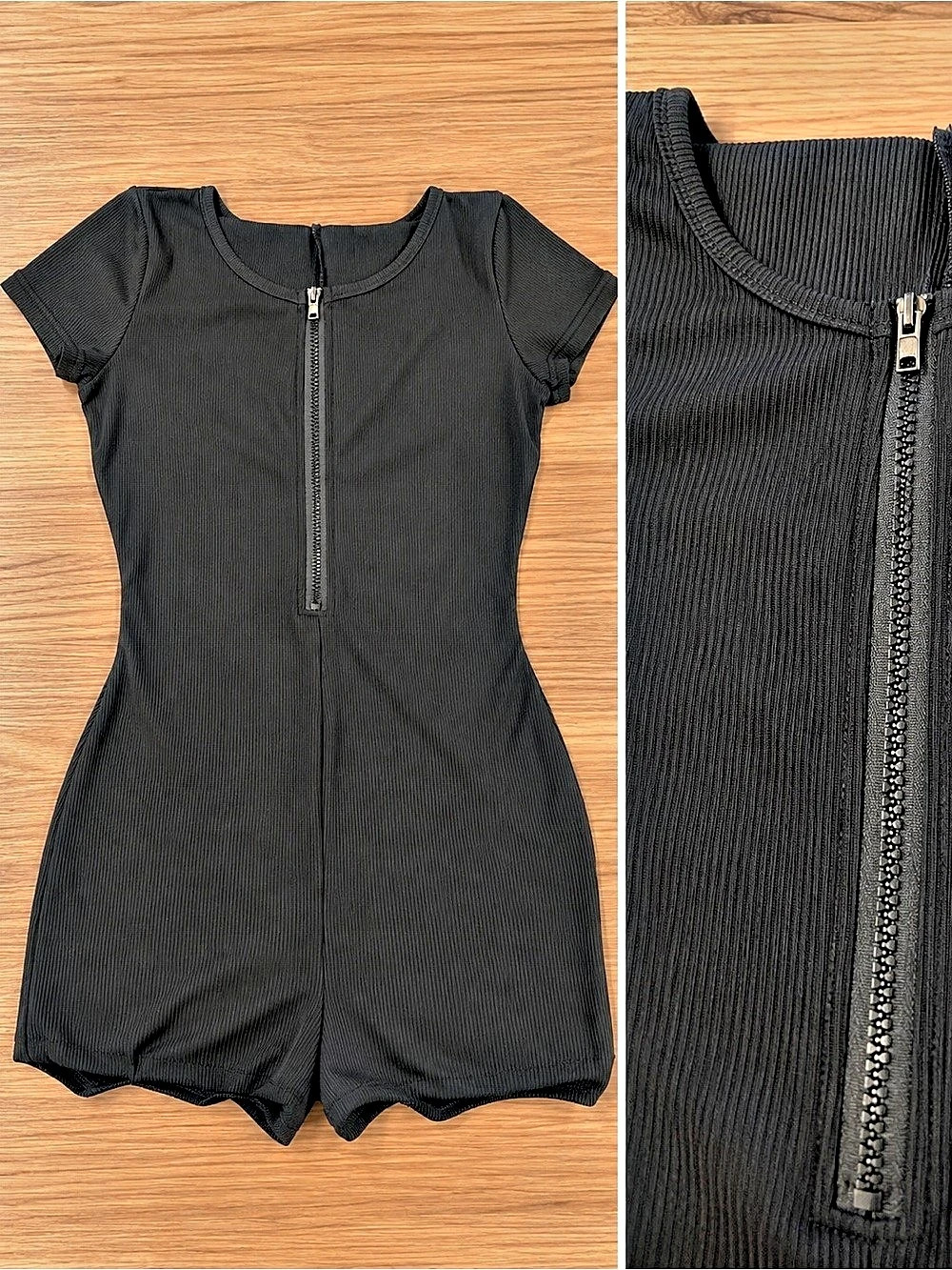 Short Black Ribbed Zip Front Romper